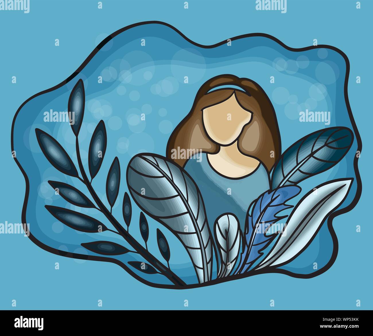 Vector illustration couleur portrait d'une fille avec ses cheveux sur une matrice avec des plantes sur l'arrière-plan Illustration de Vecteur
