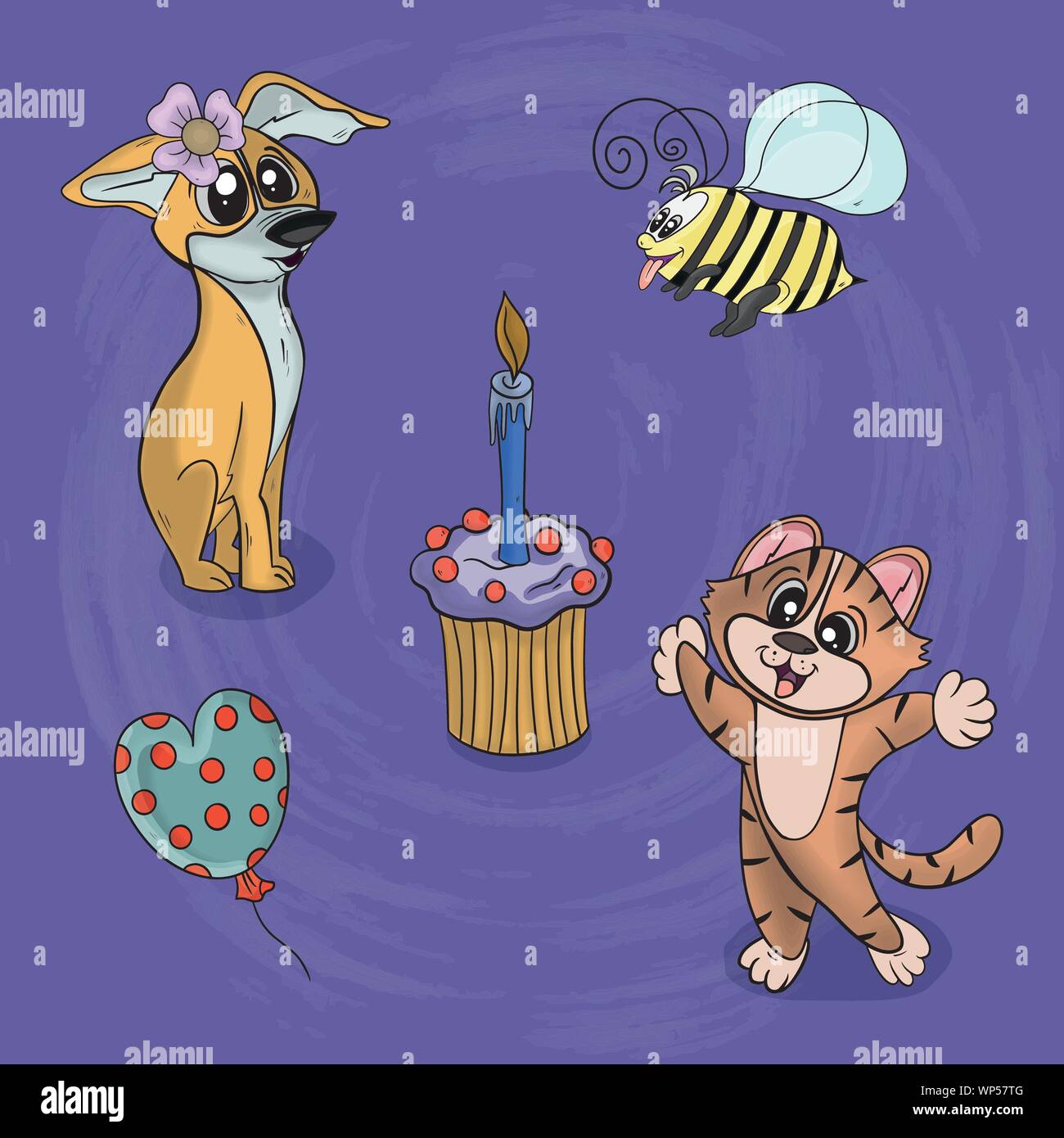 Illustration vecteur animal chat et chien célébrer et féliciter les uns les autres avec des gâteaux et des ballons sur un fond texturé Illustration de Vecteur
