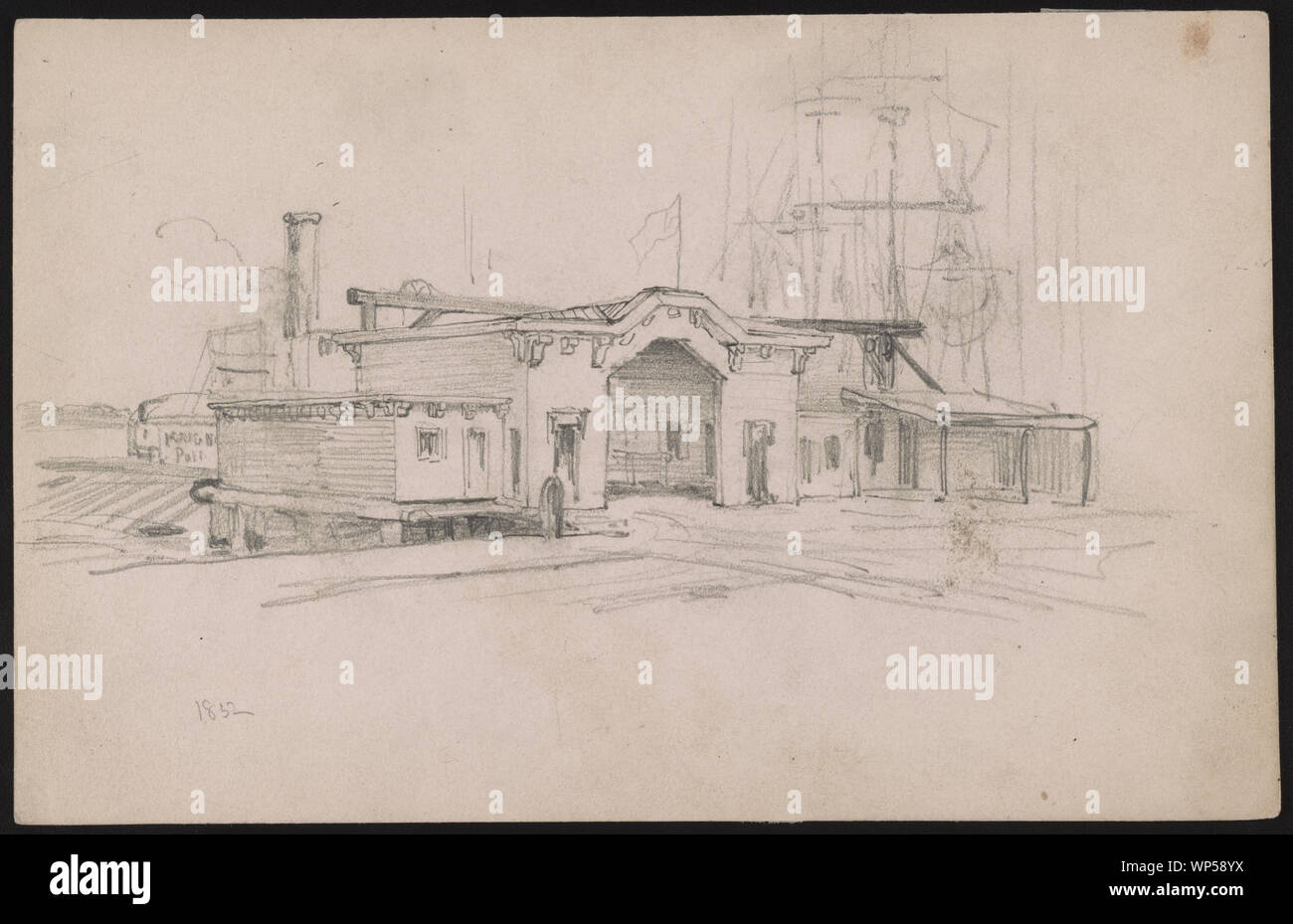 Avenue Kaighn Ferry Terminal, Camden, New Jersey, de la compagnie de Ferry South Camden, vu de la route à la direction de la rivière, ferry partiellement visible à gauche de l'édifice ; montre également des mâts d'un bateau amarré à proximité Banque D'Images