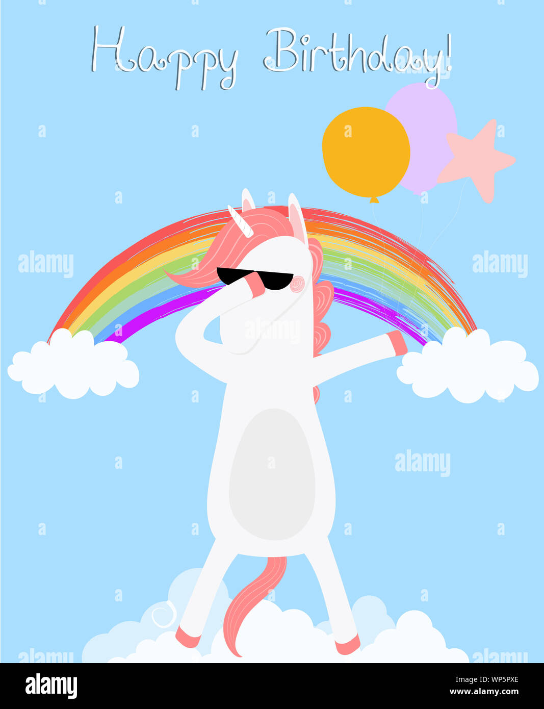 Unicorn Badigeonnage Joyeux Anniversaire Carte De Vœux Cheval En Dab Avec Des Ballons Verres En Discotheque Le Nuage Arc En Ciel Cute Animal Bebe Douche Partie Design Photo Stock Alamy
