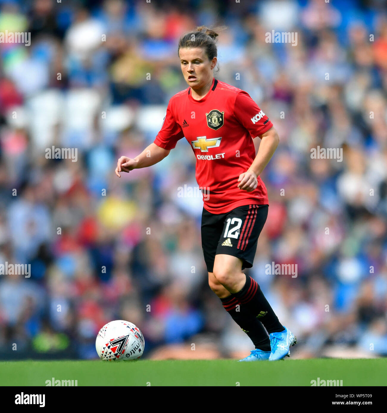 Manchester, UK. 7e Sept 2019. Les FA's Women's Super League, Manchester City Manchester United contre les femmes Les femmes ; Hayley Ladd de Manchester United semble passer - un usage éditorial uniquement. Credit : Action Plus Sport Images/Alamy Live News Crédit : Action Plus de Sports/Alamy Live News Crédit : Action Plus de Sports/Alamy Live News Banque D'Images