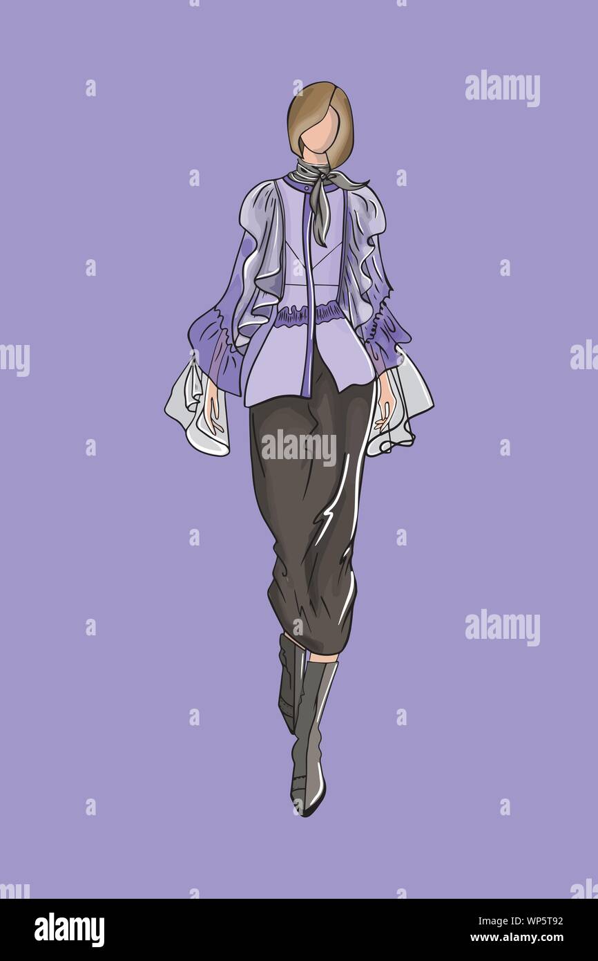 Vector illustration de mode d'une fille modèle dans des vêtements à la mode sur un fond violet texture Illustration de Vecteur