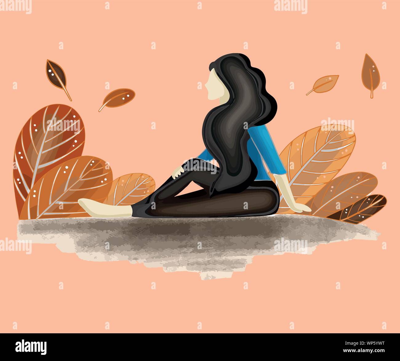 Vector illustration couleur portrait d'une fille avec ses cheveux assis médite sur un fond d'automne nature avec des plantes Illustration de Vecteur