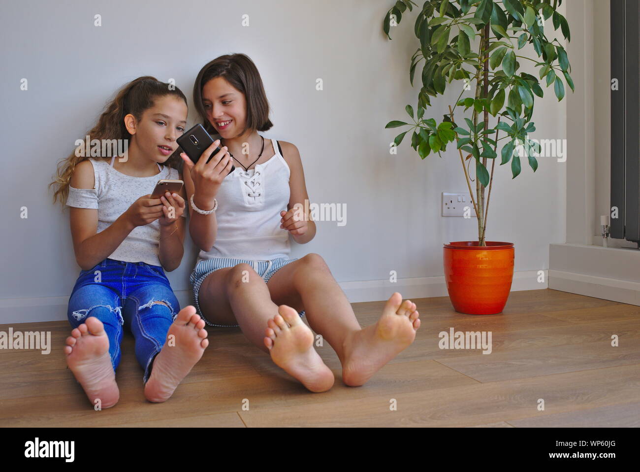Filles préadolescentes montrant l'un à l'autre contenu sur leurs téléphones mobiles. Banque D'Images