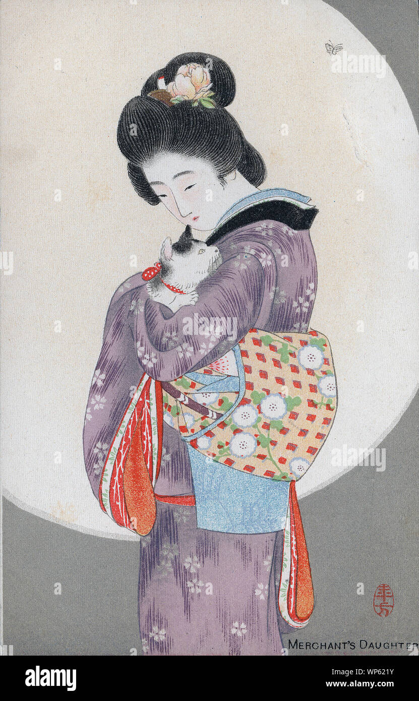 [ Des années 1900 le Japon - Illustration de la femme japonaise Holding Cat ] - Artwork montrant une femme en kimono traditionnel et hairstyle cat. Le titre le dit, "Fille du commerçant." Par Mizuno Moronobu (水野年方, 1866-1908). 20e siècle vintage carte postale. Banque D'Images