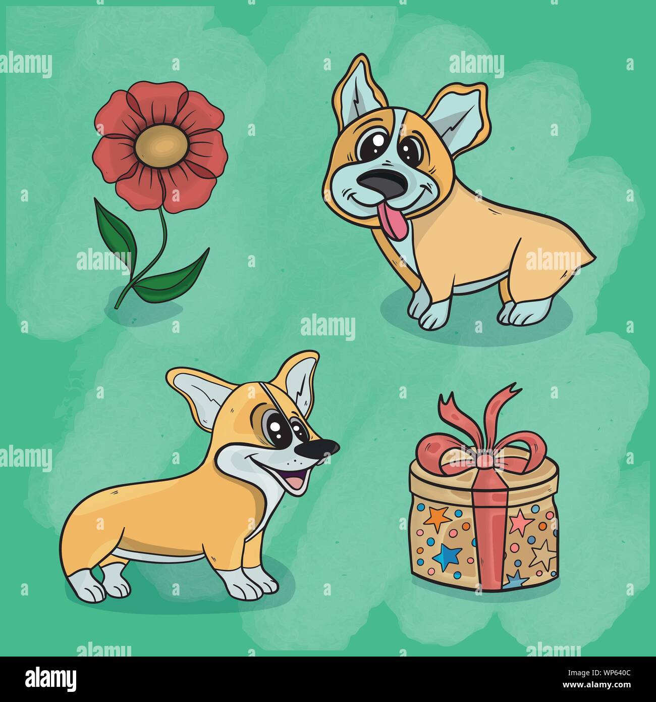 Vector illustration d'un animal chien jouant sur l'herbe parmi les fleurs et jouets sur un fond texturé Illustration de Vecteur