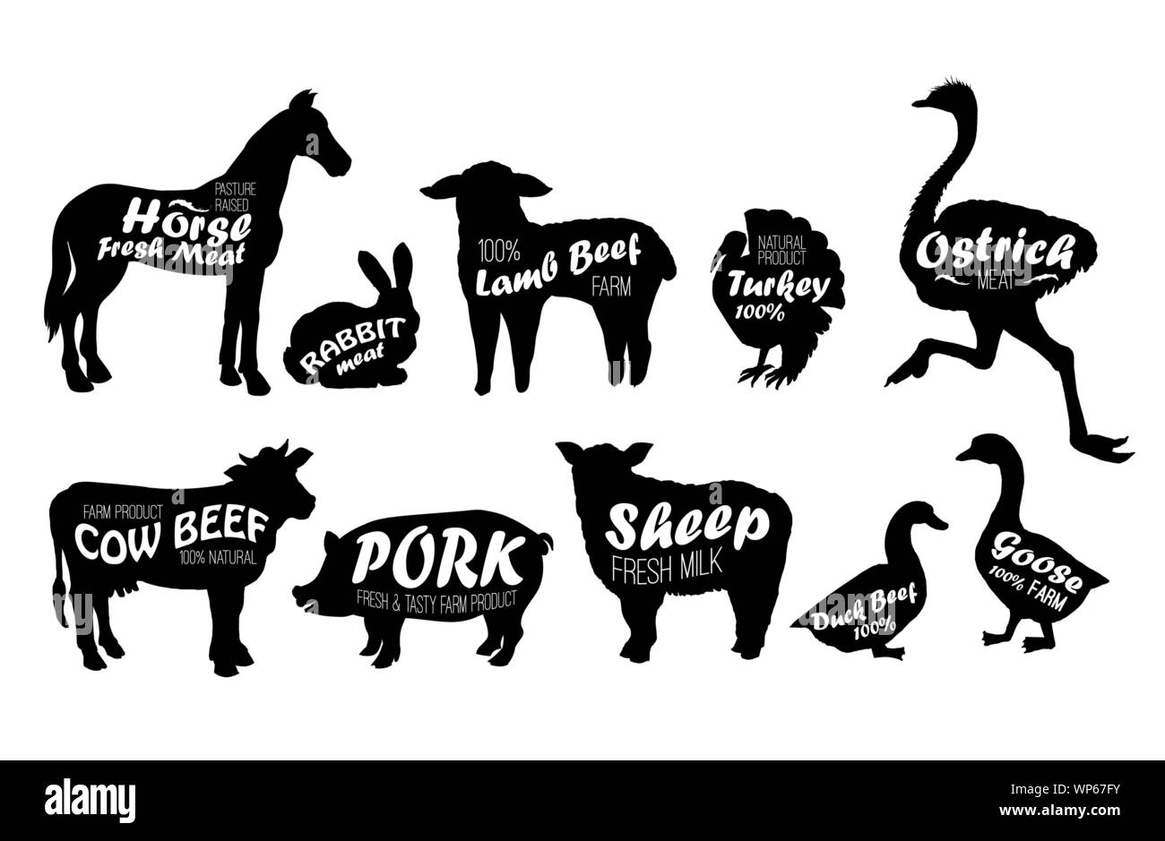 Les animaux de ferme vintage logo modèles texturés. Style rétro des silhouettes d'animaux, cheval, vache,Turquie,poulet,vache mouton, l'autruche, d'oie, de canard, de porc, d'agneau et de lapin. Illustration de Vecteur