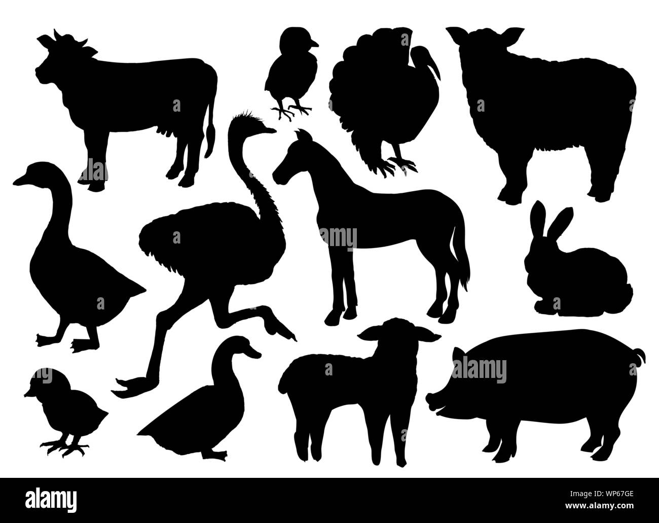 L'élevage des animaux de ferme vector silhouettes noires isolé sur blanc. Vache, mouton, porc, cheval, lapin, autruche, canard, oie, oiseau de la Turquie et de l'agneau, icônes ou symboles handdrawn Illustration de Vecteur