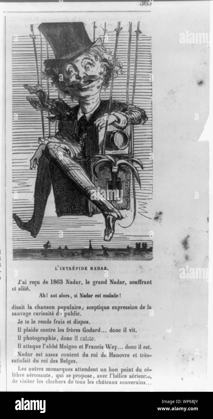 L' intrépide Nadar ; caricature montre photographe française et Félix Nadar aéronaute assis dans le panier d'un ballon en vol tout en tenant son appareil photo. ; Banque D'Images