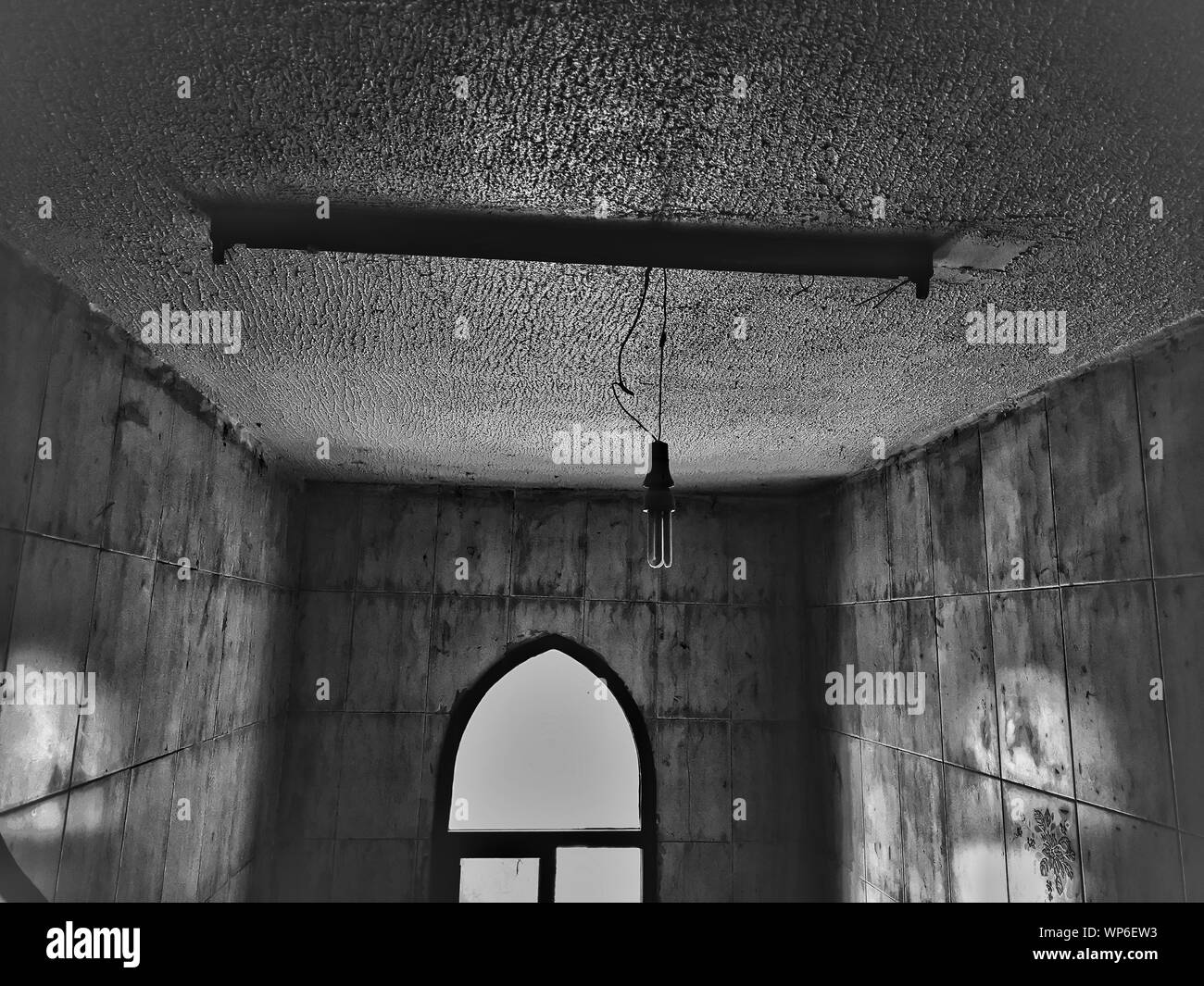 L'IMAGE EFFRAYANTE DU PLAFOND SUSPENDU DE LA LUMIÈRE À L'INTÉRIEUR FENÊTRE TRUCS TRUNK BRANCHES éparses et défiant l'Horreur Banque D'Images