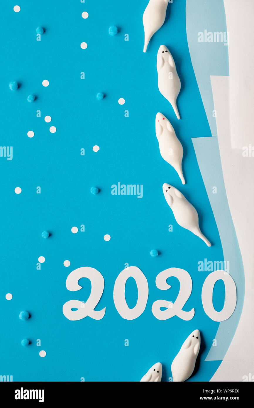 Bonne Année 2020 ! Papiers de création télévision jeter en bleu et blanc avec de la guimauve, des flocons de souris et nombre 2020 papier Banque D'Images