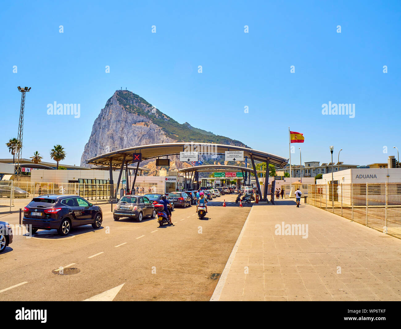 Point de passage des frontières à partir de la linea de la Concepcion, Espagne, Gibraltar, Royaume-Uni. Banque D'Images