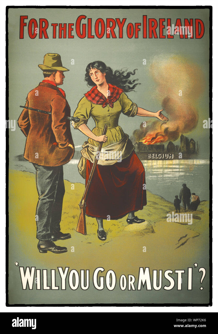 Au cours de la Première Guerre mondiale, (1914-1918) l'impact de l'affiche comme moyen de communication a été plus grand qu'à tout autre moment au cours de l'histoire, les hommes demandent à faire leur devoir et rejoindre les forces militaires. Le recrutement camapign utilisé les femmes pour encourager les hommes à rejoindre l'armée britannique à l'Westrn/en Flandre. Au début de la guerre, la plupart des Irlandais, indépendamment de leur affiliation politique, soutenu la guerre à peu près de la même façon que leurs homologues britanniques, et les deux leaders nationalistes et unionistes initialement soutenu l'effort de guerre britannique. Banque D'Images