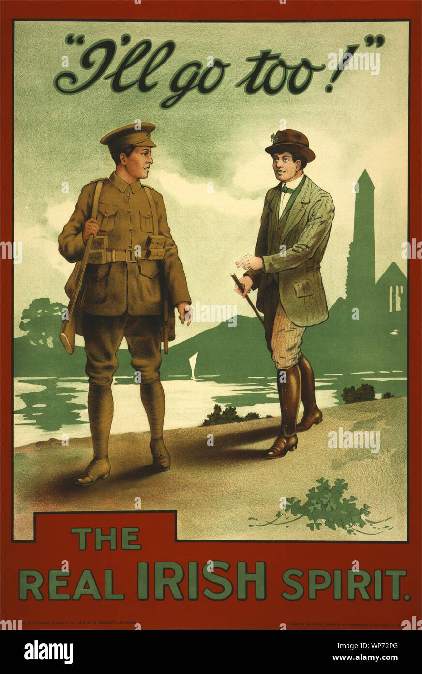 Au cours de la Première Guerre mondiale, (1914-1918) l'impact de l'affiche comme moyen de communication a été plus grand qu'à tout autre moment au cours de l'histoire, les hommes demandent à faire leur devoir et rejoindre les forces militaires. Le recrutement camapign utilisés soldats en service pour encourager les hommes à rejoindre l'armée britannique à l'Westrn/en Flandre. Au début de la guerre, la plupart des Irlandais, indépendamment de leur affiliation politique, soutenu la guerre à peu près de la même façon que leurs homologues britanniques, et les deux leaders nationalistes et unionistes initialement soutenu l'effort de guerre britannique. Banque D'Images