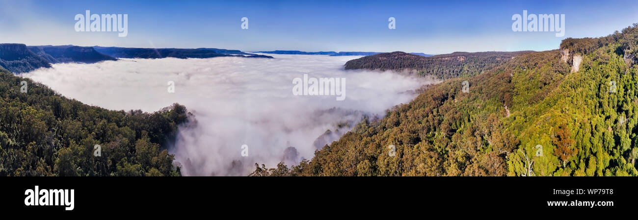 Brouillard blanc épais en rampant le Kangaroo Valley entre de hauts de falaises de grès de montagnes environnantes - vue panoramique aérienne élevée au-dessus du clou Banque D'Images