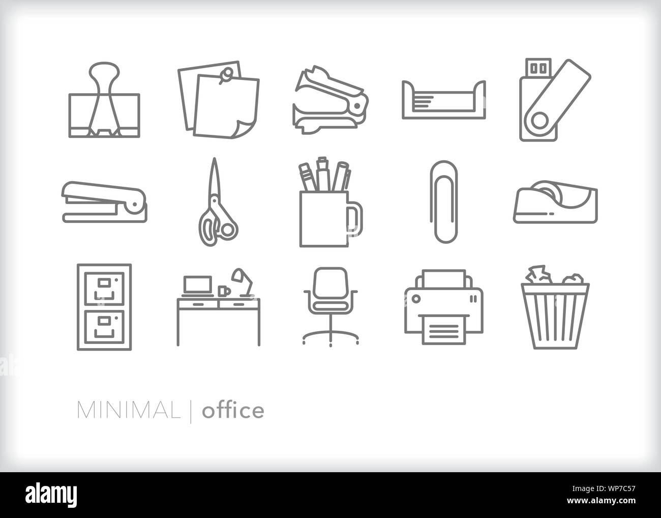 Ensemble de 15 icônes de ligne de bureau accessoires de bureau et des outils de travail Illustration de Vecteur