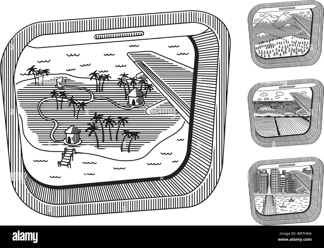 Illustration d'une fenêtre de l'avion avec 4 différents paysages de destination. Illustration de Vecteur