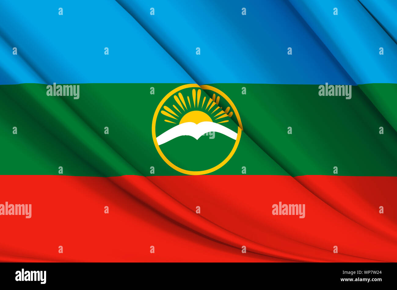 Karachay-Cherkessia waving flag illustration. Régions de la Russie. Parfait pour l'utilisation d'arrière-plan et la texture. Banque D'Images