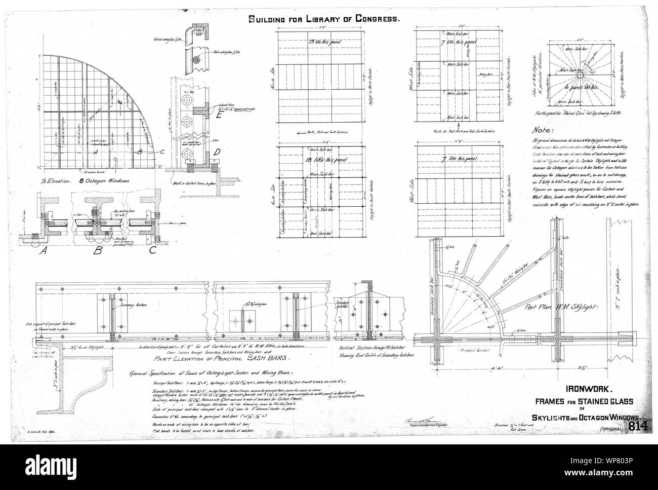 Bibliothèque du Congrès (Washington, D.C.). Frames pour vitrail dans les lucarnes et fenêtres de l'octogone. La ferronnerie. Plus de détails. Dessin de travail Banque D'Images