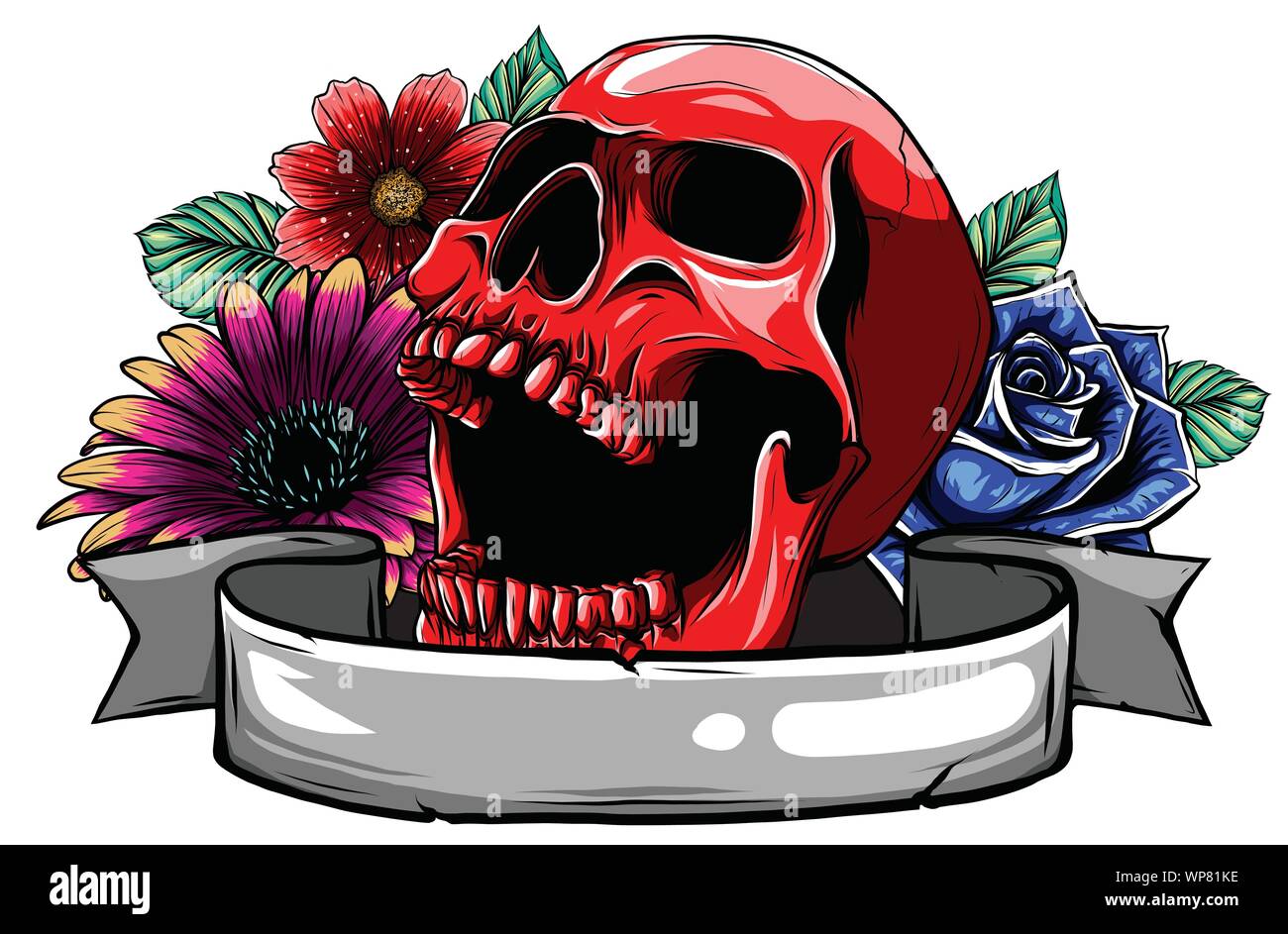 Crâne. Silhouette crâne Hipster avec moustache et apparaissait dans les dents avec ruban et bouquet de roses sur un fond. Illustration de Vecteur