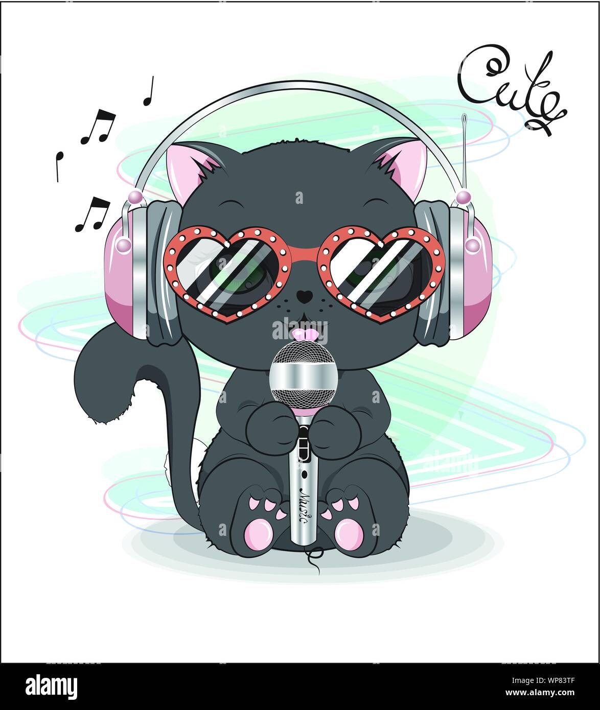 Joli mignon chaton noir, avec le micro, des écouteurs et des lunettes de soleil, chante la chanson. Peut être utilisé pour t-shirt print, Kids wear fashion design, bébé Illustration de Vecteur