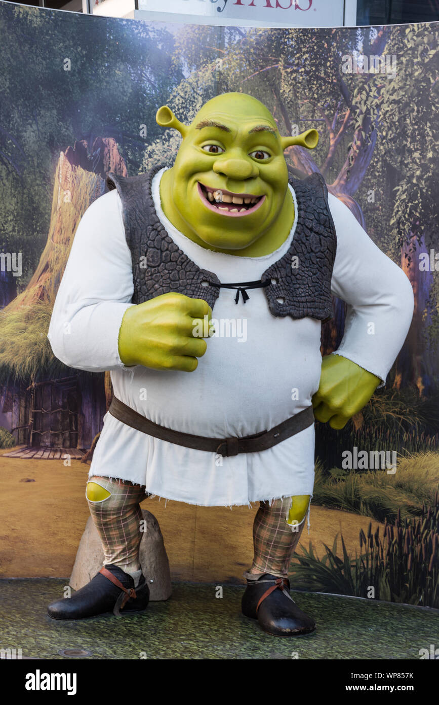 La ressemblance du personnage du film d'animation Shrek chez Madame Tussaud's Wax Museum dans la section Hollywood de Los Angeles, Californie Banque D'Images