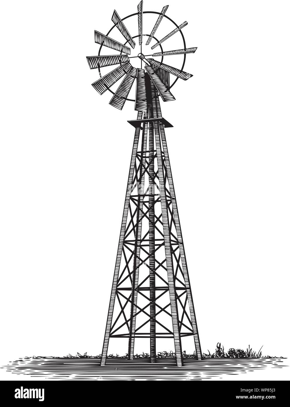 Illustration de style gravure sur bois d'une ancienne ferme moulin à vent. Illustration de Vecteur