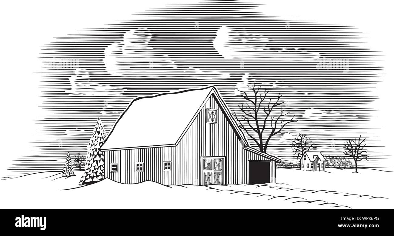 Gravure sur bois illustration d'une étable d'hiver avec scène de la neige au sol. Illustration de Vecteur
