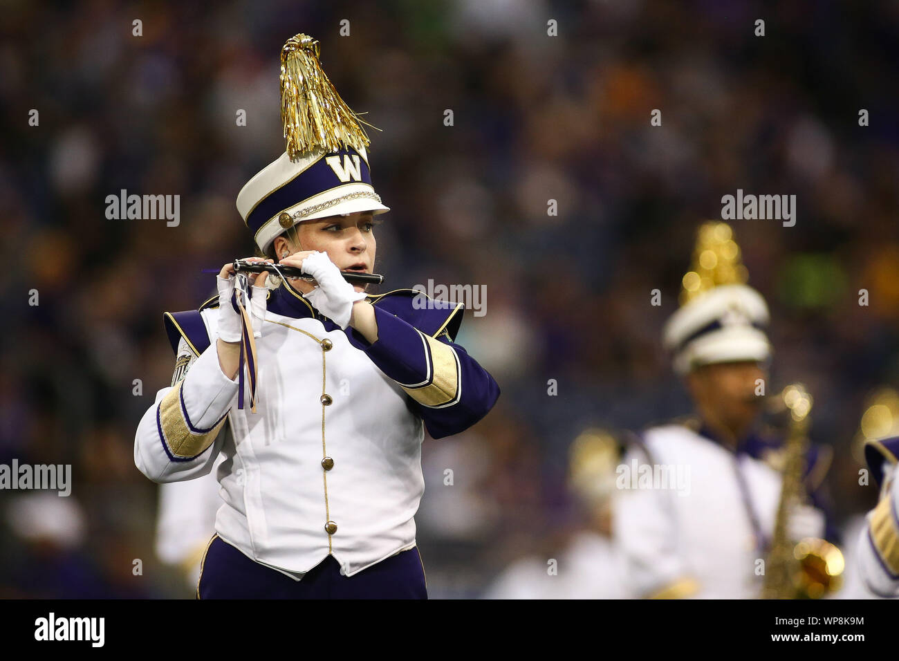 Seattle, WA, USA. Sep 7, 2019. Les membres de la fanfare des Huskies de Washington avant d'effectuer un match entre l'Ours d'or de la Californie et Washington Huskies au champ d'Alaska Airlines au Husky Stadium à Seattle, WA. Sean Brown/CSM/Alamy Live News Banque D'Images