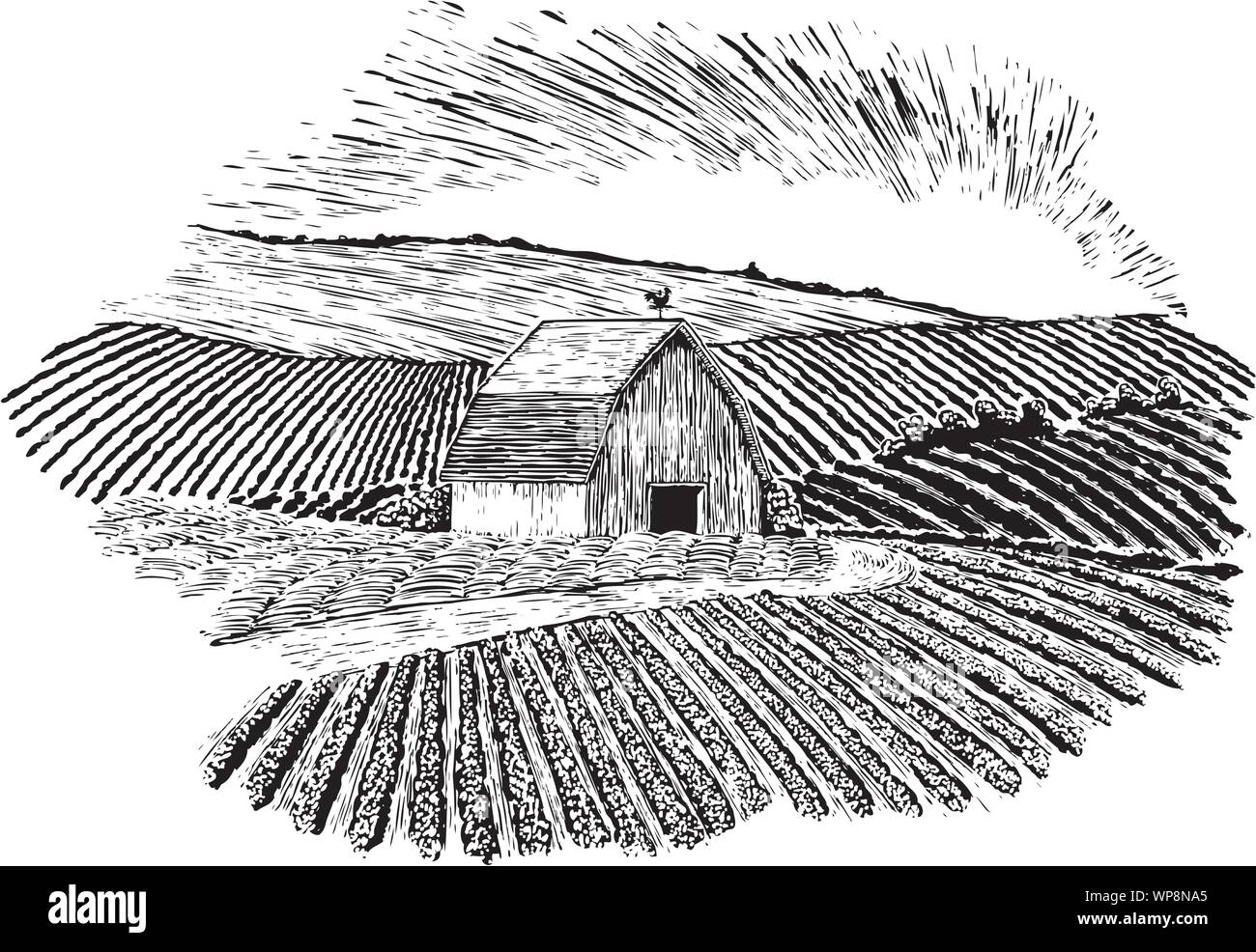 Gravure sur bois-style illustration d'une grange de ferme avec les collines en arrière-plan et de premier plan. Un chemin de terre mène à la grange au-delà d'un champ de foin. Illustration de Vecteur