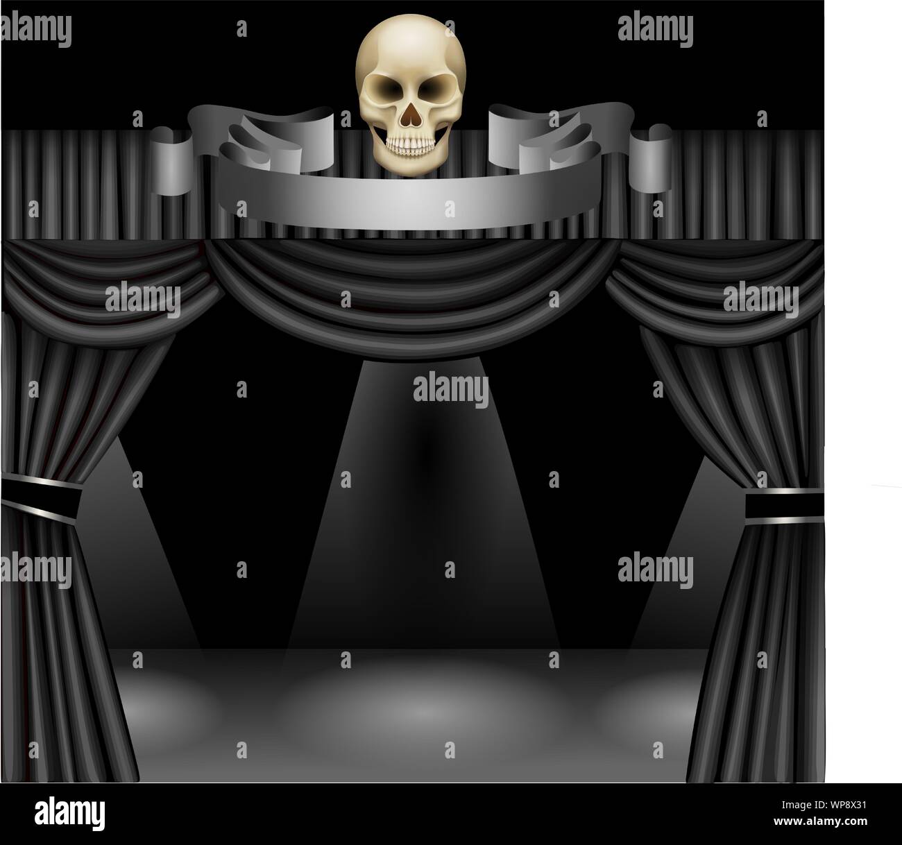 Horror Show scène avec rideau noir et du crâne Illustration de Vecteur