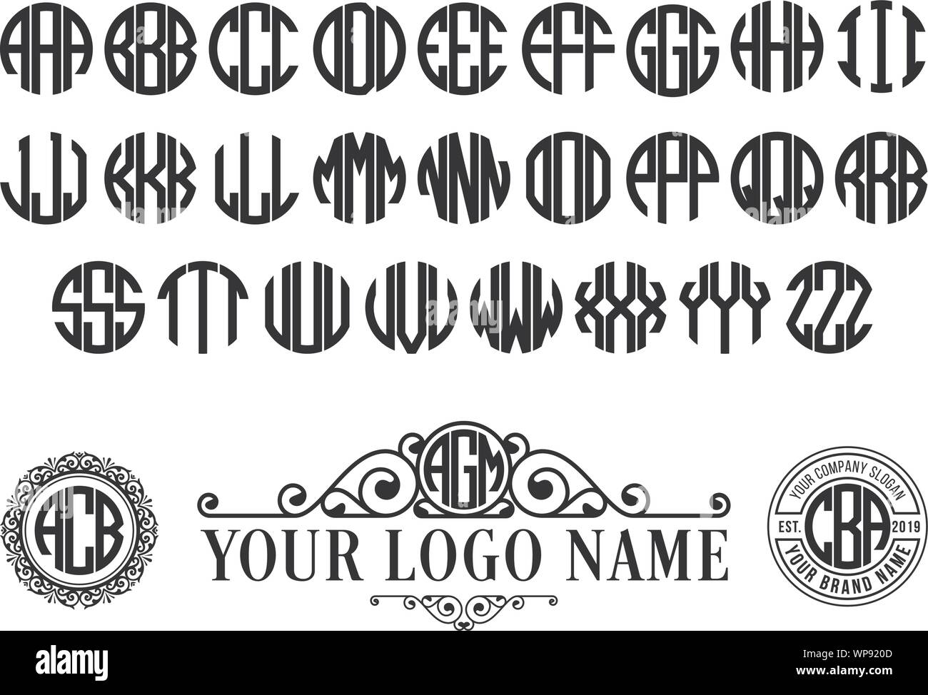 Font cercle avec monogramme 3 lettres. Vintage courbe avec alphabet  classique en spirale Image Vectorielle Stock - Alamy