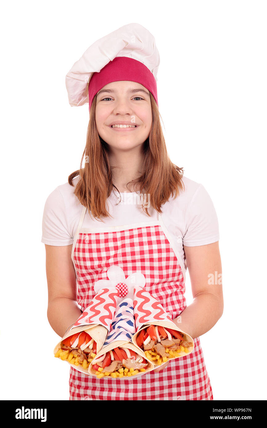 Happy girl cook avec gyros sur platine fast food Banque D'Images