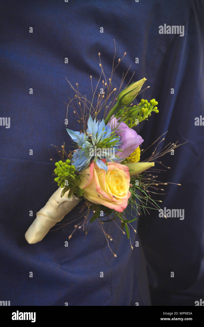 Clip de 'Appelé' boutonnière pour le marié attaché à poche de chemise bleu foncé naturel fabriqué à partir de belles roses et fleurs sauvages Banque D'Images