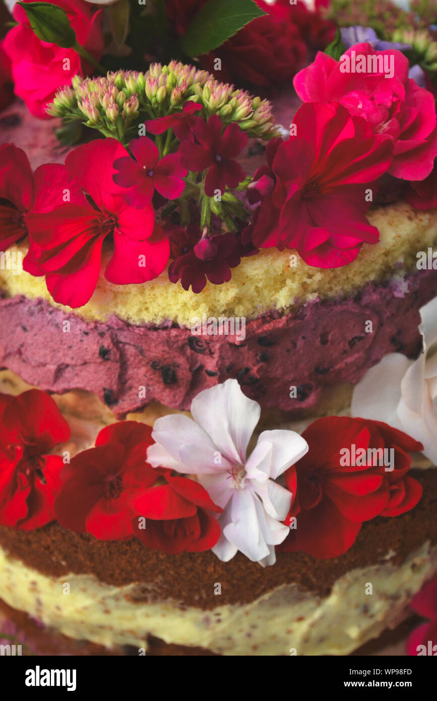 De Belles Couches De Gateau De Mariage Decore Avec Du Vrai Rouge Vif Naturel Et De Fleurs Blanches Photo Stock Alamy