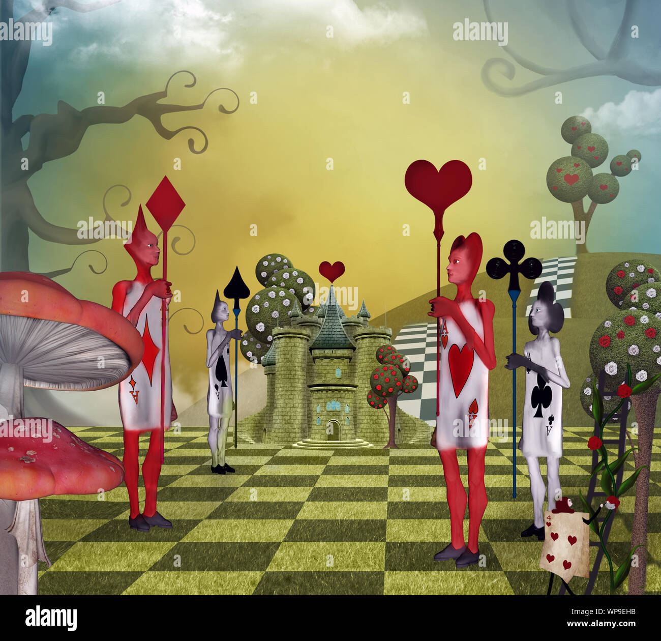 Paysage inspiré par Alice au Pays des merveilles avec la carte, gardes de la Reine de Coeur