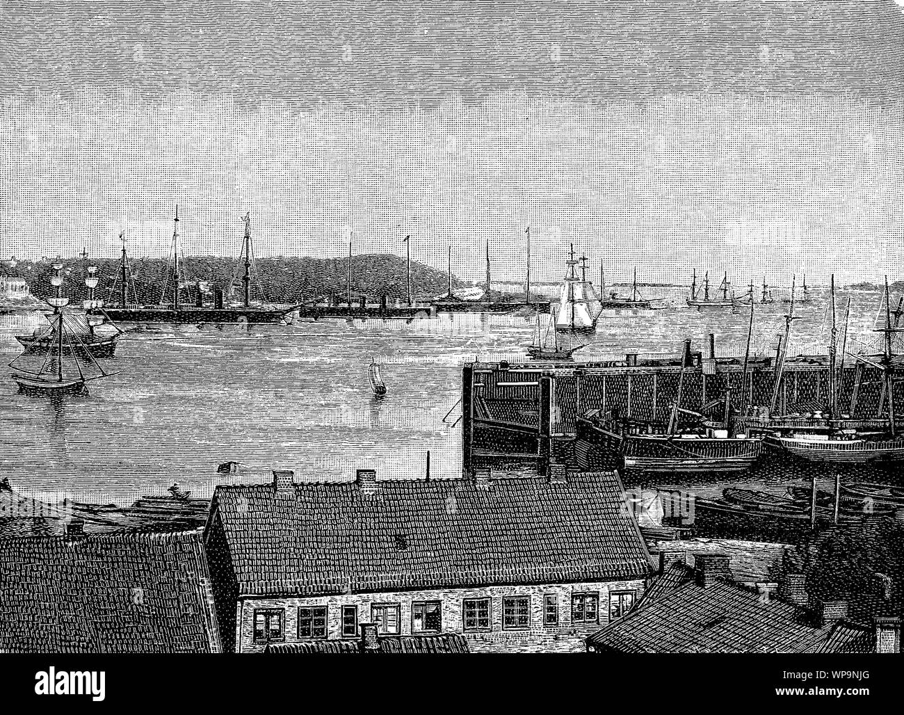 Port sur la mer Baltique : docks et zone commerciale , 19e siècle Banque D'Images