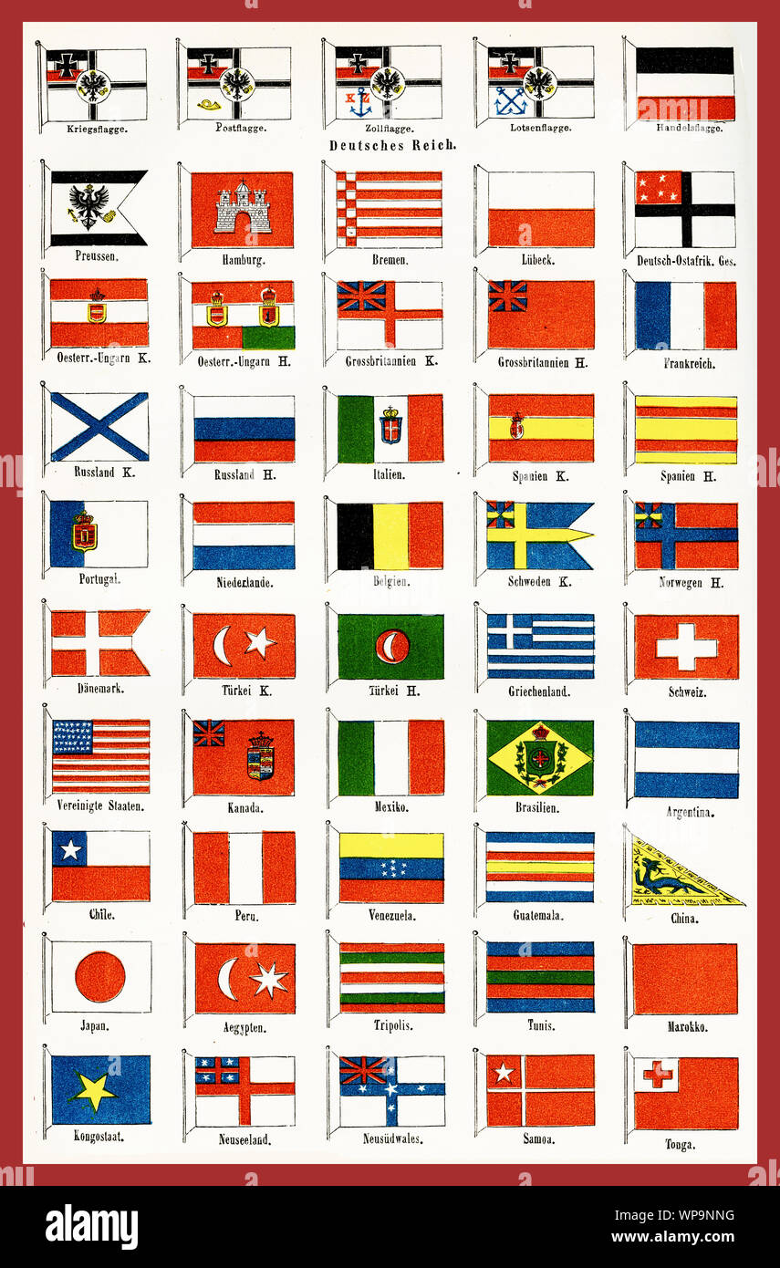 La guerre et l'exploitation maritime drapeaux de pays du monde, table illustrés du xixe siècle. Les drapeaux sont utilisés sur les navires dans des règles et règlements. Banque D'Images