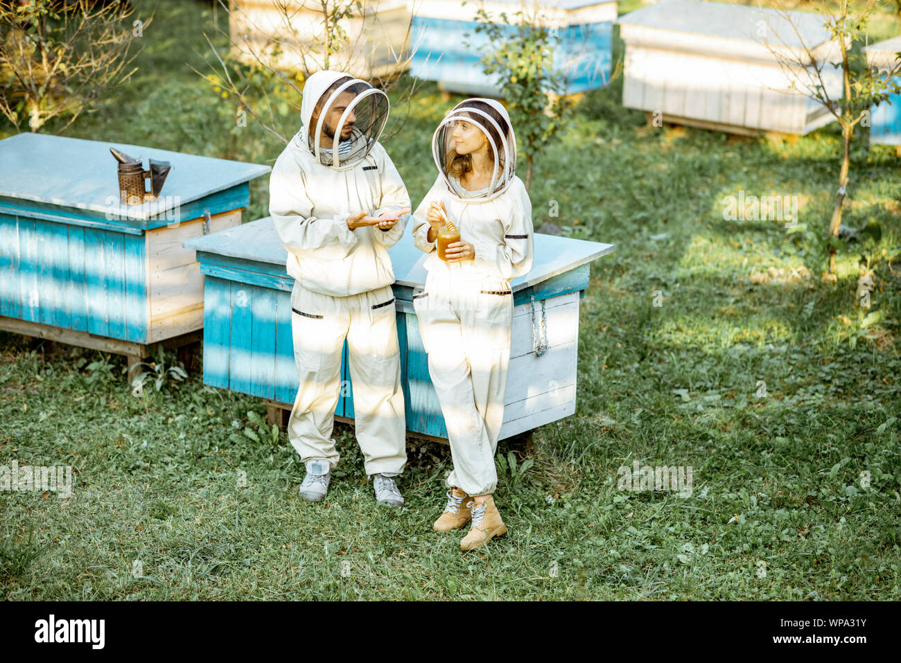 Deux apiculteurs en uniforme de protection près de l'ensemble permanent de ruches en bois traditionnel sur un petit rucher. Concept de l'apiculture et de petites exploitations agricoles Banque D'Images