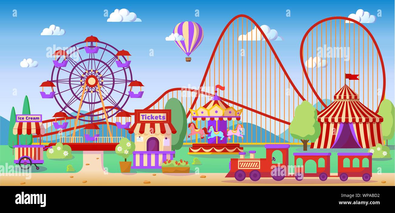 Paysage panoramique du parc d'attractions, montagnes russes, grande roue, Manège Illustration de Vecteur