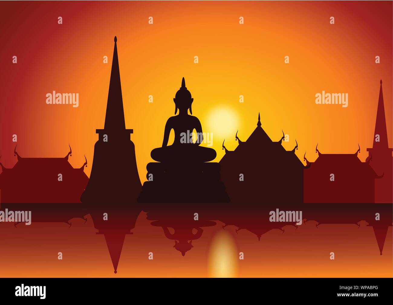Coucher du soleil avec Bouddha Thai temple et riverside.style asiatique,vector illustration Illustration de Vecteur