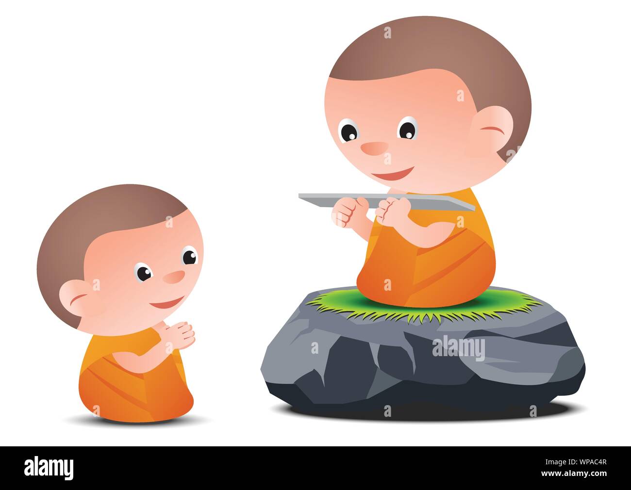 Vieux moine enseigne le Dharma à little monk, assis sur de grandes pierres, de générer le bouddhisme, vector illustration Illustration de Vecteur