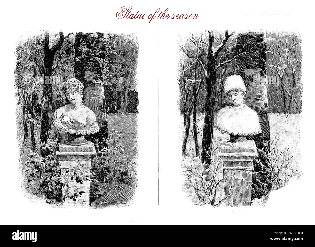 Humour et caricatures : statue avec la bonne tenue en été et en hiver Banque D'Images