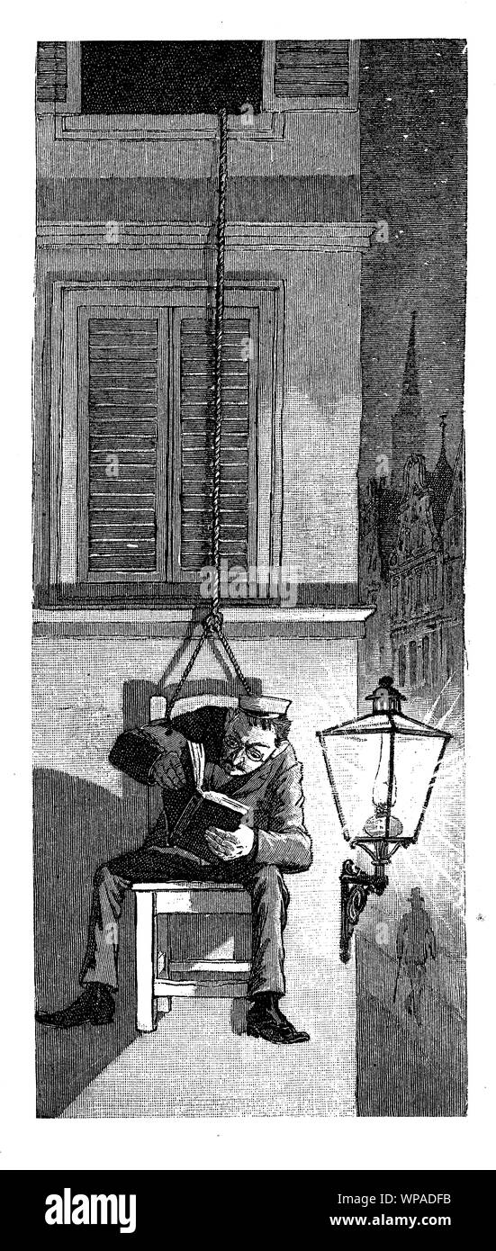 Magazine satirique allemand de l'humour et de caricatures : parcimonieux comique lecture à la lumière de la lanterne de la rue assis sur une chaise suspendue en dehors de la fenêtre Banque D'Images