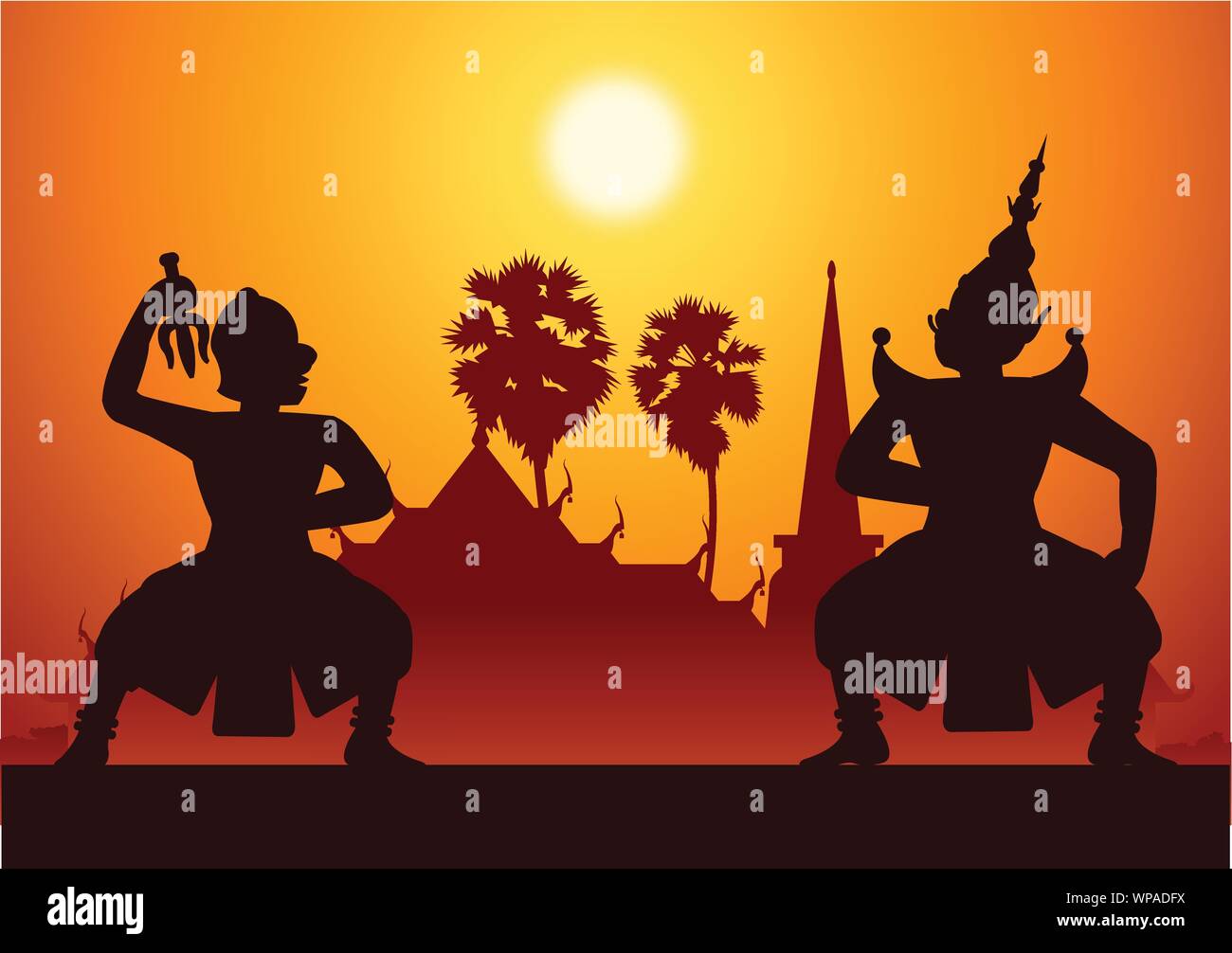 La littérature ancienne thaï jouer,Ramayana,roi de singe prêt à lutter avec le roi du style silhouette,géant,scenery,vector illustration Illustration de Vecteur