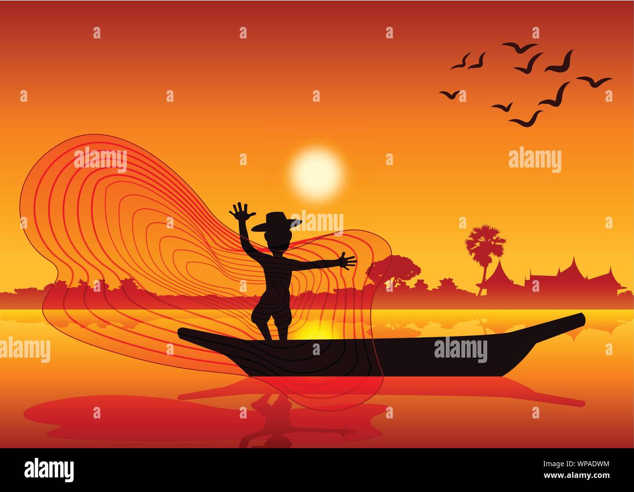 Country life,homme jeter filet de pêche pour pêcher sur un bateau dans le lac étang,style silhouette,l'heure du coucher de soleil,vector illustration Illustration de Vecteur