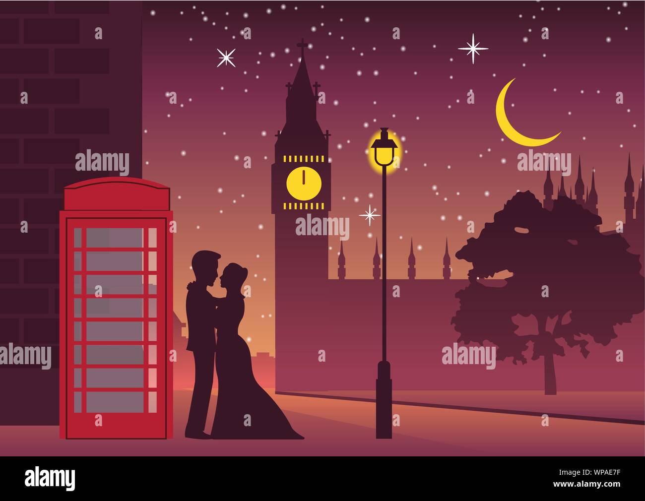 Couple câlin près de téléphone fort à Big Ben monument de Londres,style silhouette Illustration de Vecteur