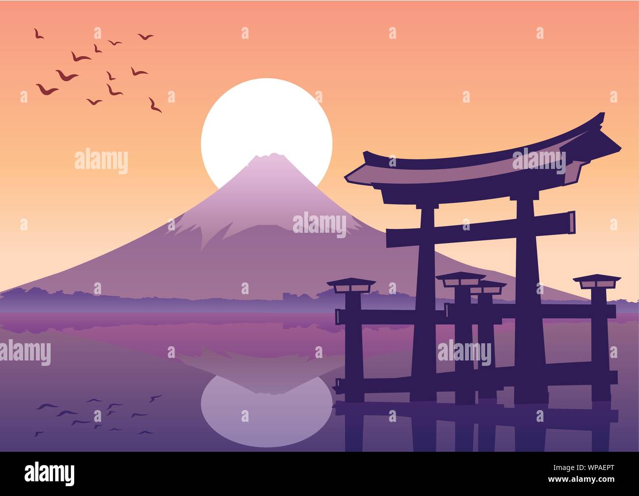 Grande porte flottante et le mont Fuji vue du Japon à l'heure du coucher du soleil,style silhouette Illustration de Vecteur