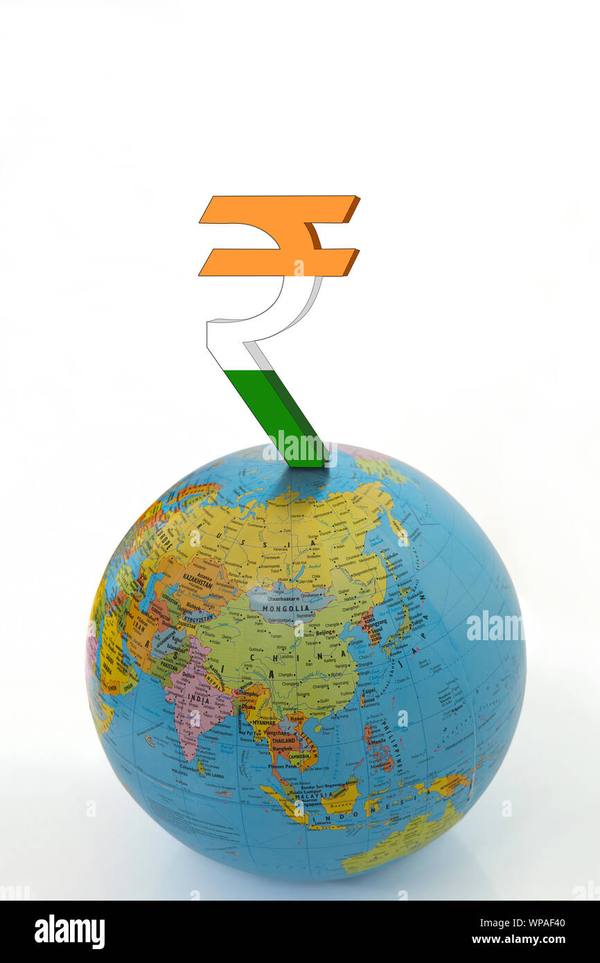 Symbole de roupie sur le globe représentant la finale mondiale Banque D'Images