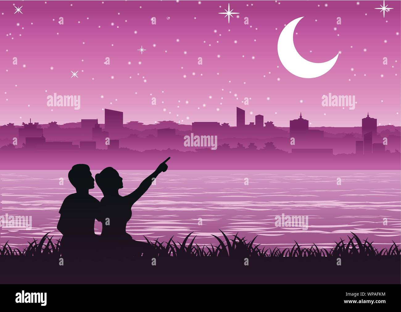 Couple dirigée vers la lune au-dessus de la ville, près de la rivière, style silhouette Illustration de Vecteur